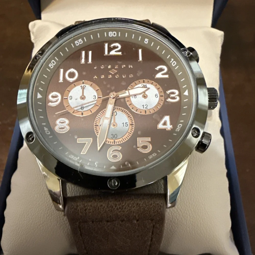 Joseph Abboud Mens Strap Watch Stainless Steel Leather Band Brown Dial NEW